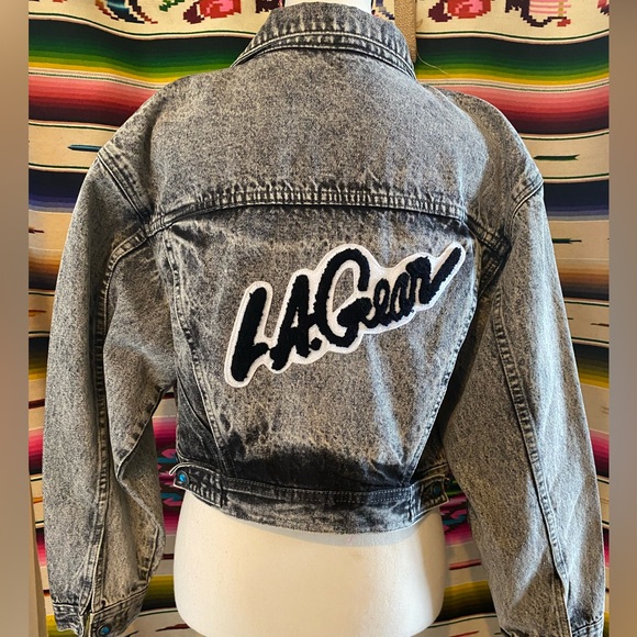 RARE 80s VINTAGE LA GEAR BLACK ACID WASH DENIM CROPPED JACKET - Picture 4 of 9